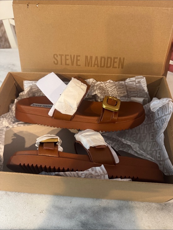 Steve Madden Shoes - Steve Madden Tan Slide Sandals with Gold Buckles
